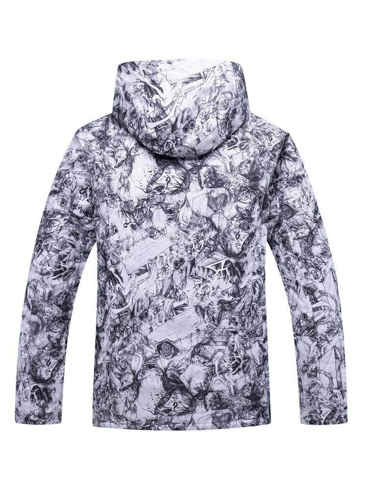 Back view of waterproof windproof men's ski jacket with hood, SF0922, in stylish black and white pattern, ideal for winter sports.