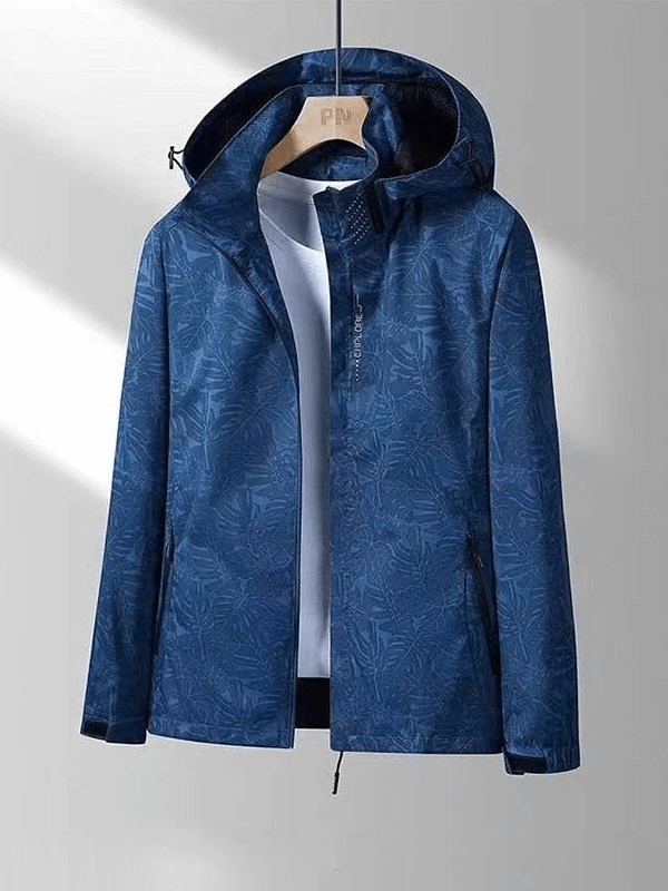 Men's waterproof, windproof, quick dry blue jacket with hood on hanger, perfect for outdoor activities like hiking and trekking.