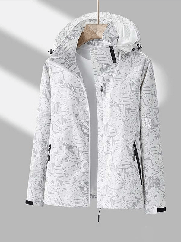 White waterproof windproof quick dry men's jacket with hood, perfect for outdoor activities.