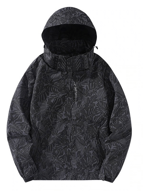 Men’s waterproof windproof quick dry jacket SF0306, black with pattern, ideal for outdoor activities, hiking, and tourism.