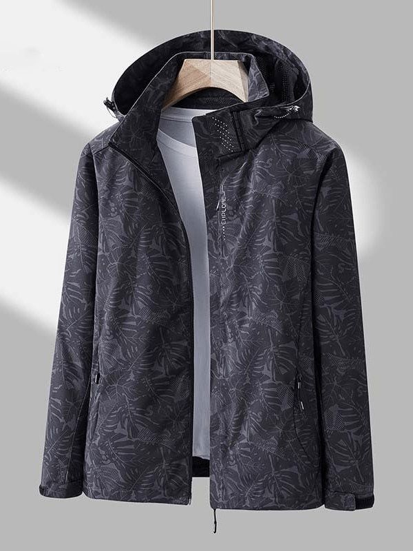 Stylish Men's Black Quick Dry Waterproof Windproof Jacket with Leaf Pattern, Hanging against a Grey Background