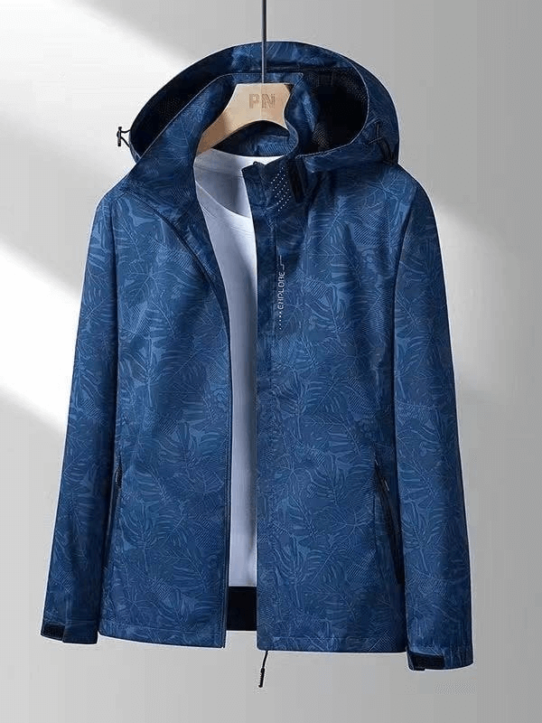 Men's blue waterproof windproof jacket with hood, ideal for outdoor activities like hiking and trekking. SF0306 model.