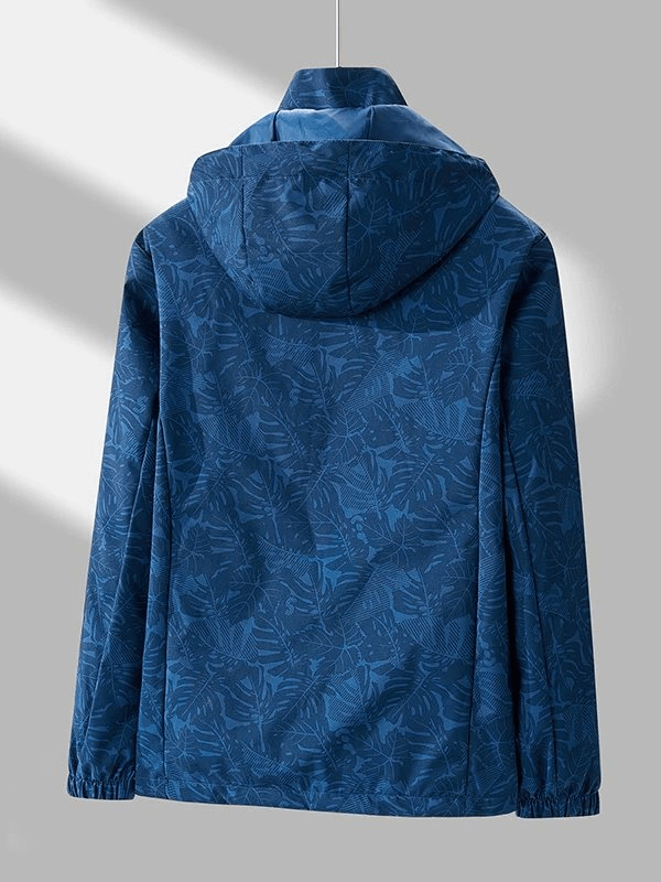 Back view of a blue waterproof and windproof men's raincoat with a hood, featuring quick-dry technology for outdoor adventures.