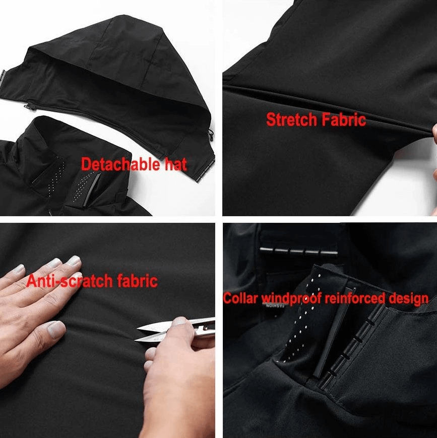 Men's waterproof windproof jacket features: detachable hat, stretch fabric, anti-scratch, and windproof collar design.
