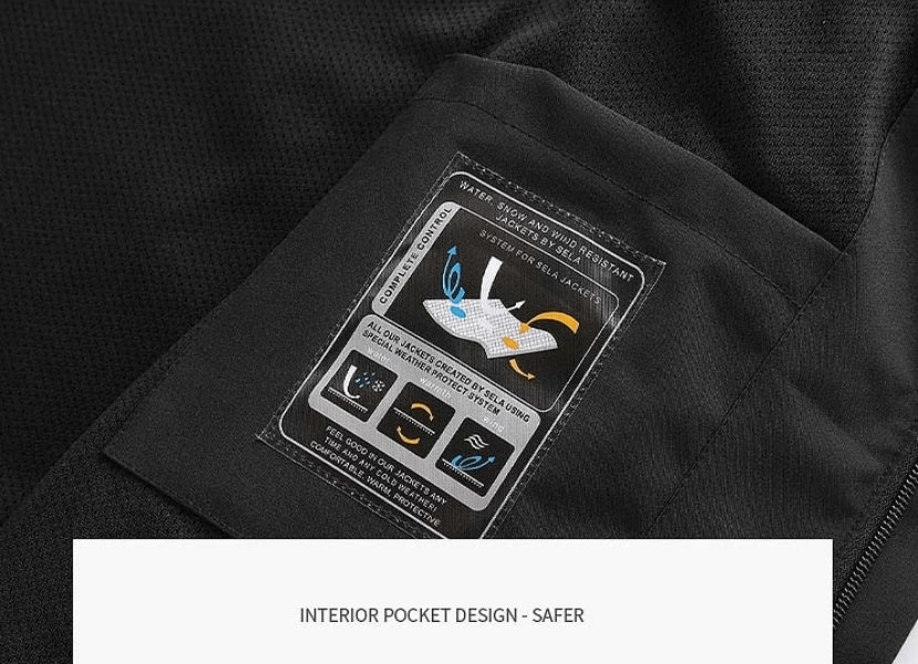 Close-up of interior pocket design on men’s waterproof jacket SF0306, highlighting secure storage and enhanced safety.