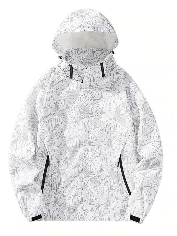 Stylish white leaf-patterned waterproof and windproof men's raincoat, perfect for outdoor activities.