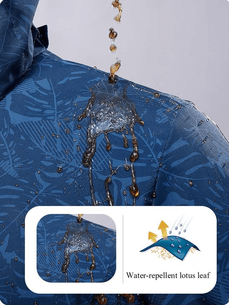 Close-up of waterproof jacket repelling water with anti-static finish, ideal for outdoor activities. Features water-repellent technology.