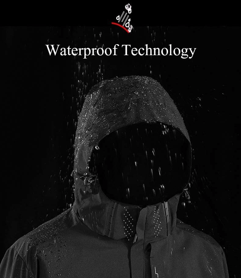 Dark hooded jacket showcasing waterproof technology with water droplets on the fabric. Perfect for all-weather outdoor activities.