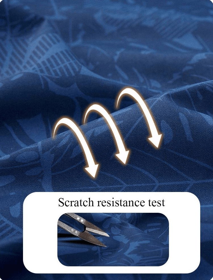Blue waterproof fabric undergoing scratch resistance test demonstrating durability of men's raincoat SF0306.