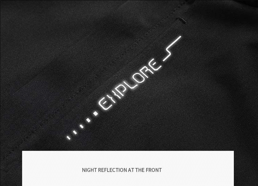 Night reflection feature on waterproof windproof men's jacket with 'Explore' text.
