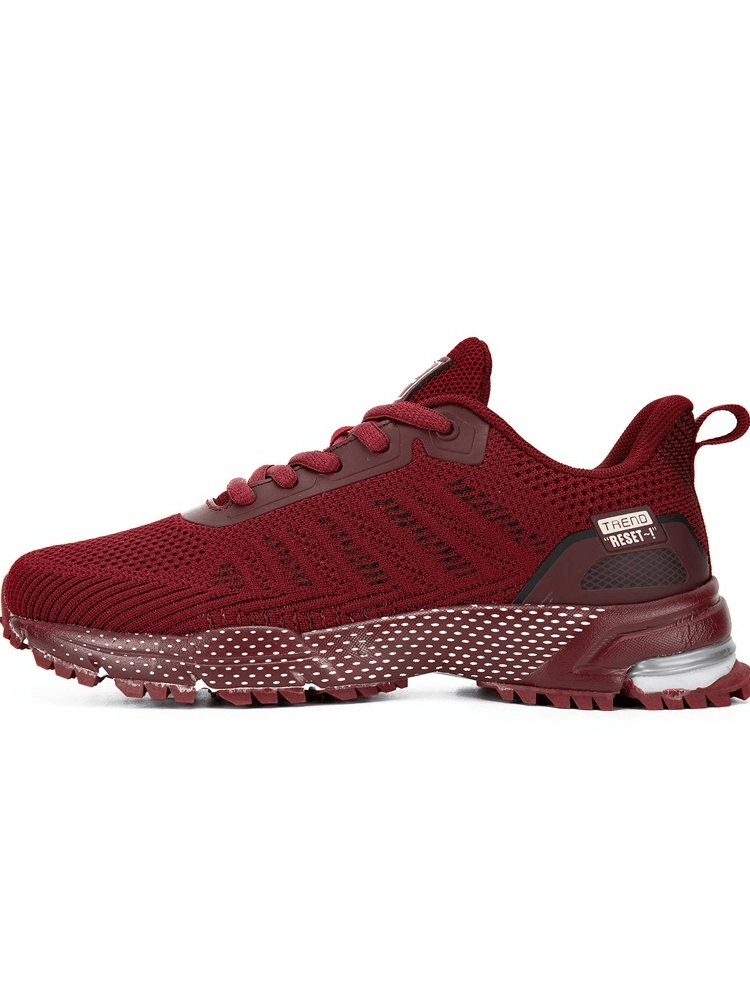 Wear-resistant non-slip red sports women's walking shoes with lace-up closure, featuring breathable mesh and durable TPR outsole.