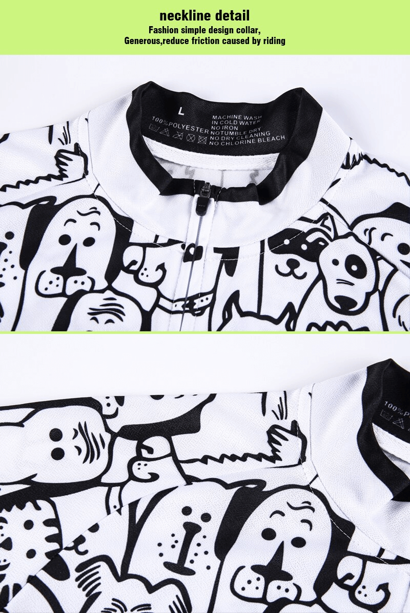 White Cats Print Cycling Jersey with full zipper, neckline detail, and playful cat pattern for stylish male cyclists.