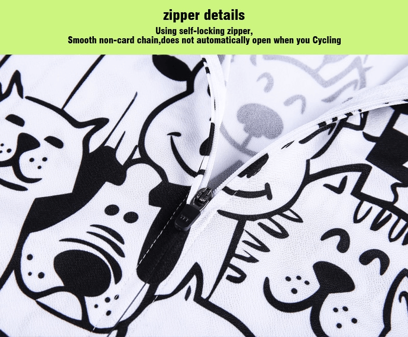 White Cats Print Cycling Jersey zipper detail, featuring self-locking zip for secure mountain biking. Durable polyester material.