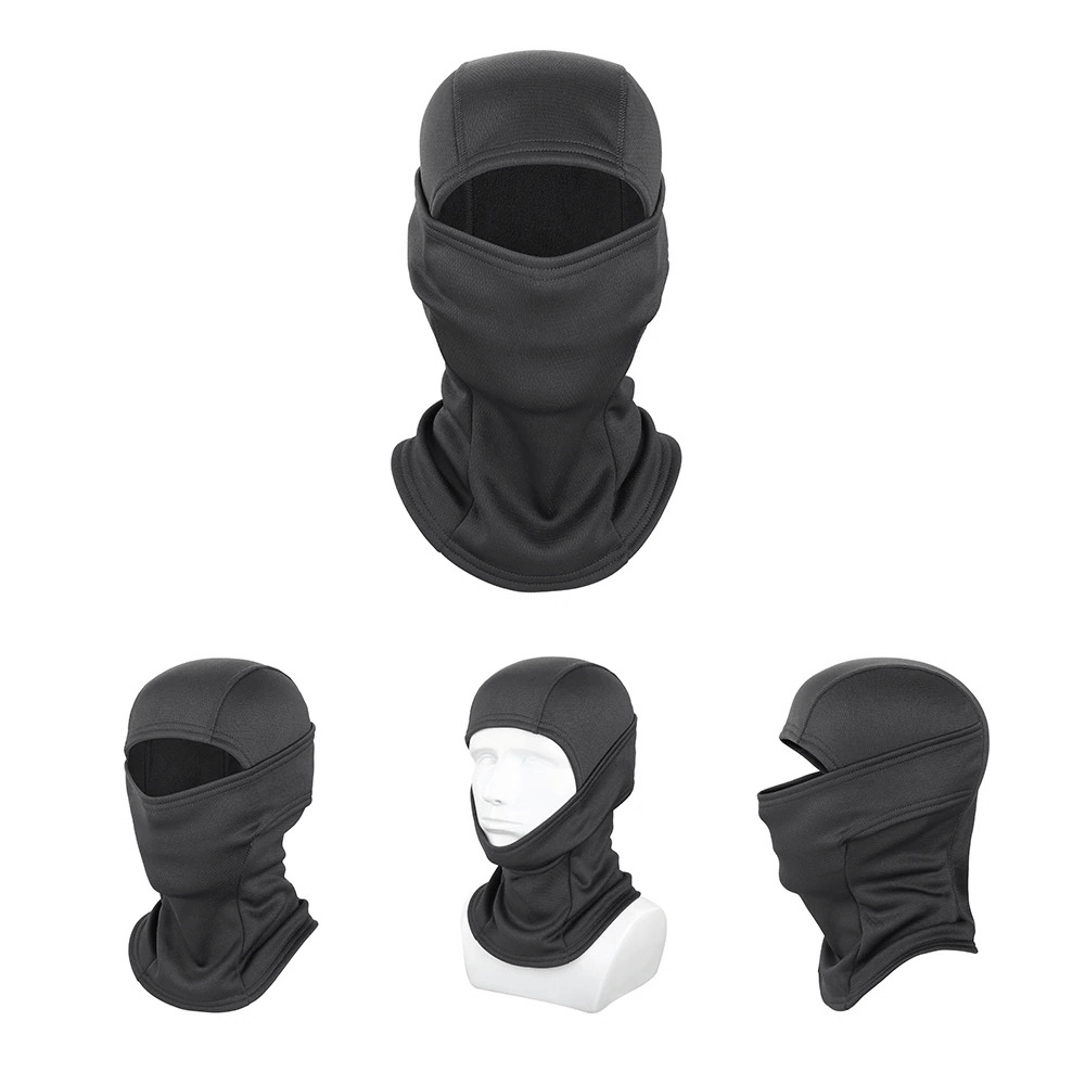 Windproof camouflage balaclavas displayed on white mannequin, featuring full-face coverage and black polyester material for outdoor activities.