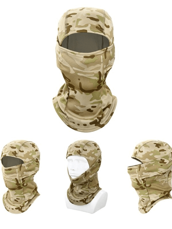 Windproof camouflage balaclava scarf for whole face, unisex design in beige print, ideal for outdoor winter activities and motorcycling.