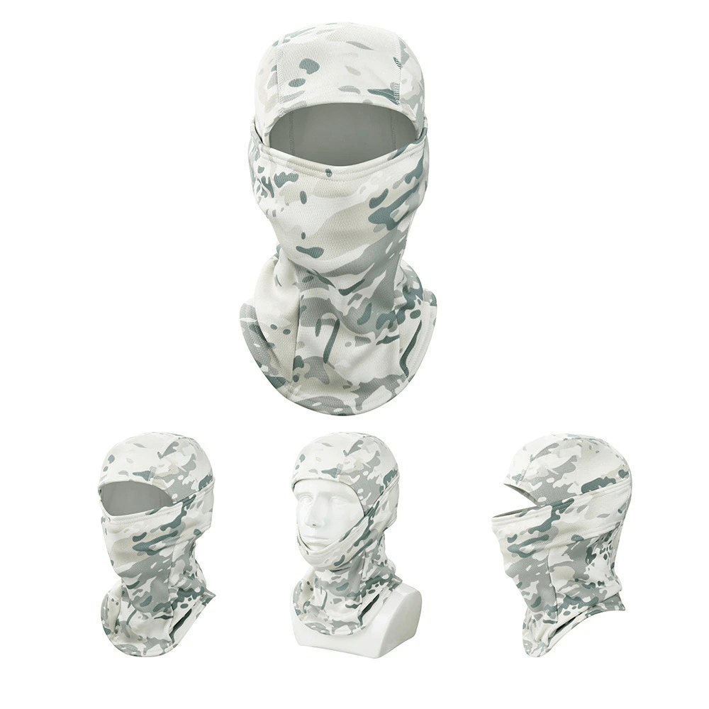 Windproof camouflage balaclava-scarf for face, unisex design in ultra-soft polyester, ideal for winter outdoor activities and motocross.