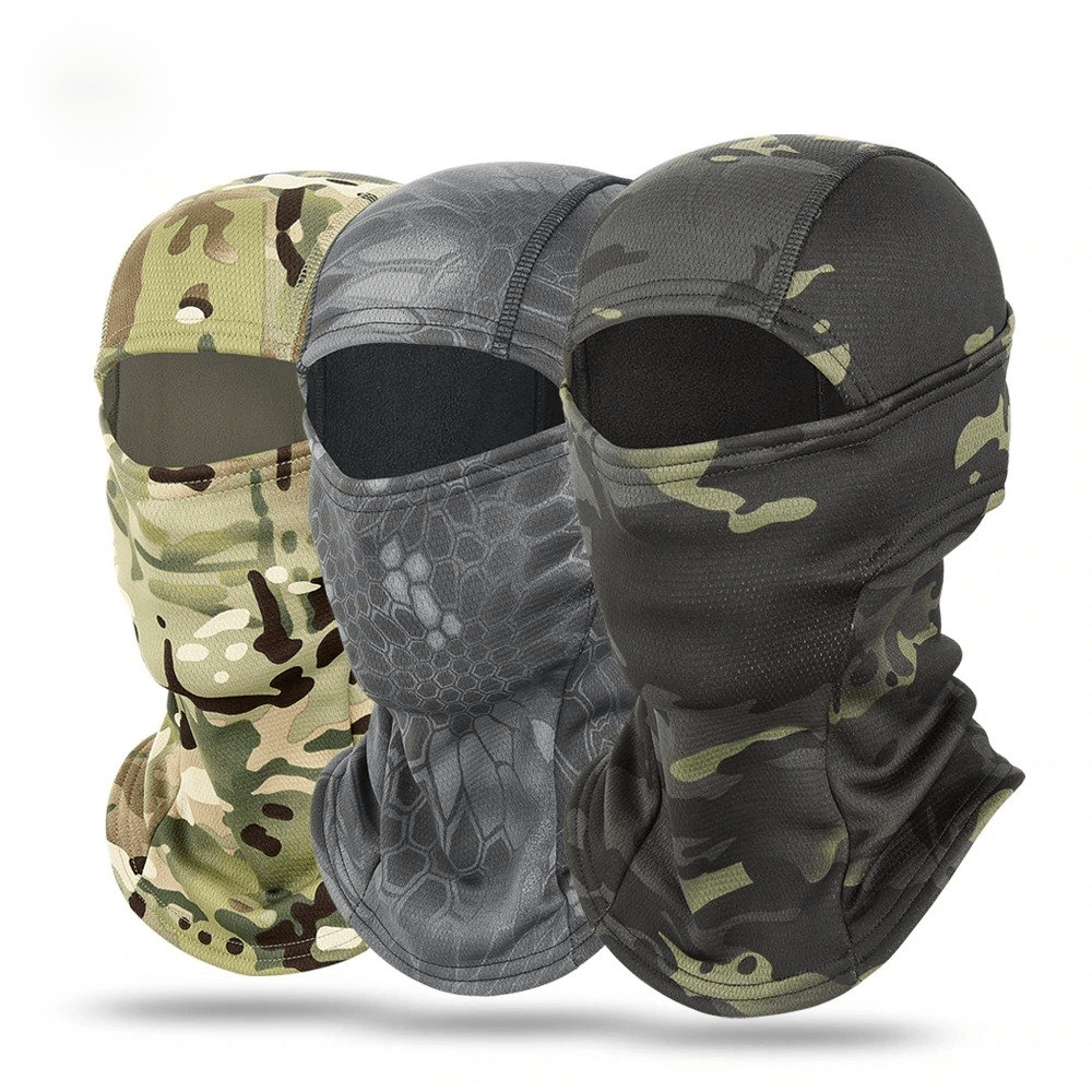 Three windproof camouflage balaclavas in different prints for outdoor activities, featuring ultra-soft material and dust protection.