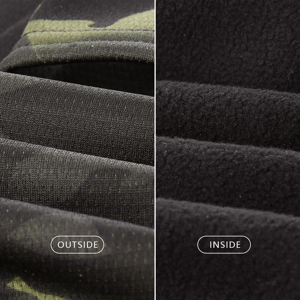 Close-up of windproof camouflage scarf-balaclava showing outside camouflage print and inside soft lining.