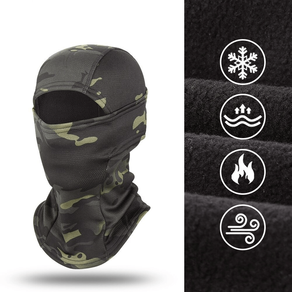 Windproof full-face camouflage balaclava scarf, unisex design. Perfect for winter, features breathable, warm, and stylish outdoor protection.