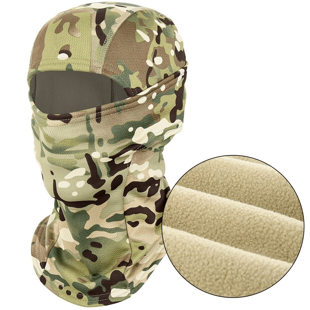 Windproof camouflage balaclava scarf for whole face in green and brown tones, ideal for outdoor activities and winter protection.