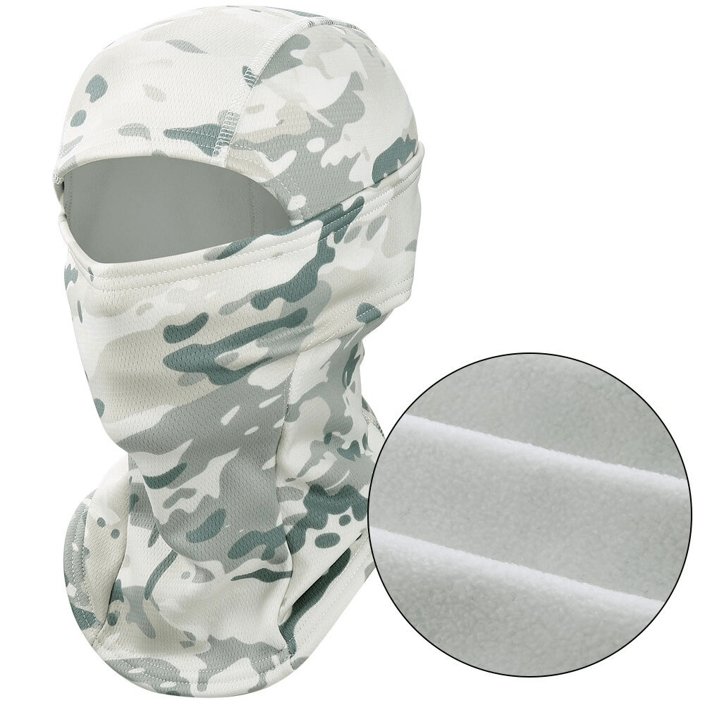 Windproof camouflage balaclava with soft polyester material for face protection, perfect for outdoor and winter activities, unisex design.