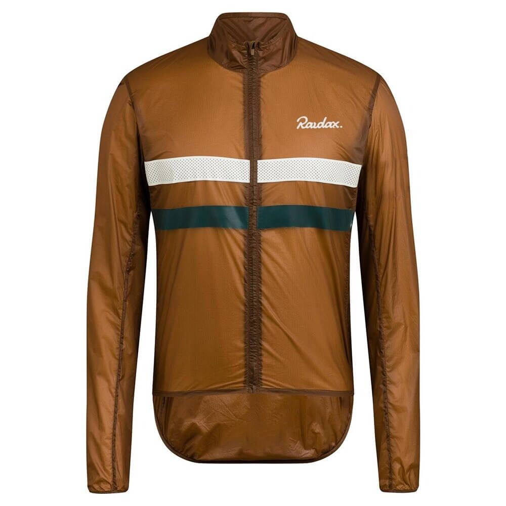 Brown windproof cycling jacket for men with zipper, breathable polyester fabric, and reflective safety strip. Lightweight sports windbreaker.