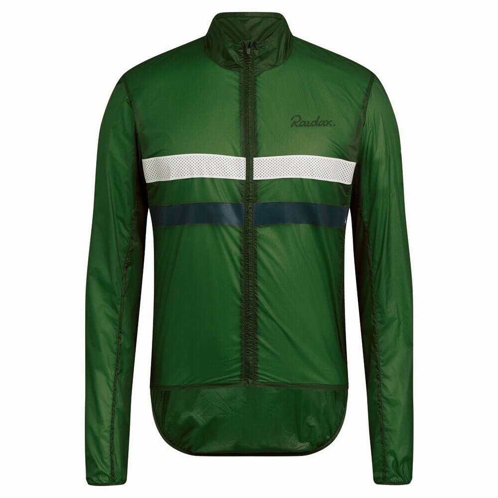 Green windproof cycling jacket with full zipper, breathable fabric, and reflective features for safety and comfort on the road.