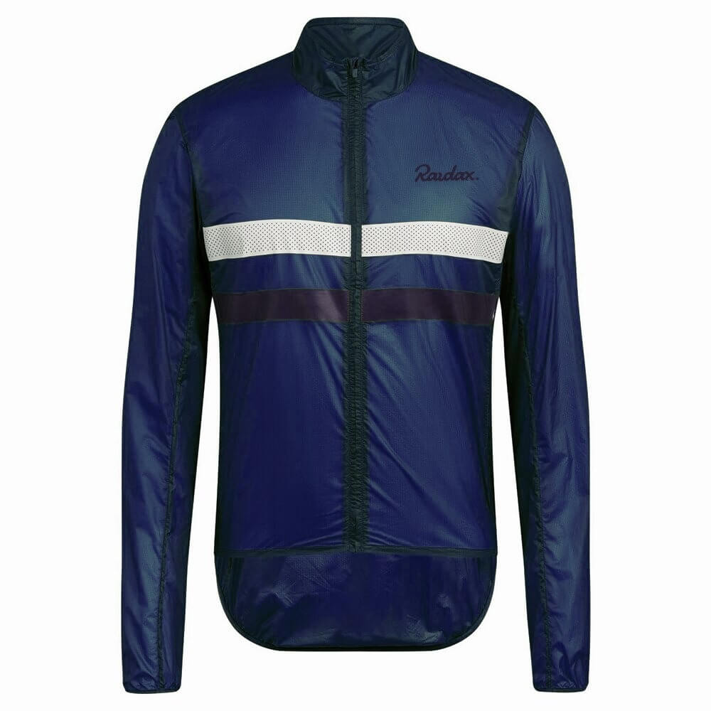 Unisex windproof cycling jacket, full-zip blue windbreaker with reflective strip, made of breathable polyester for male cyclists.