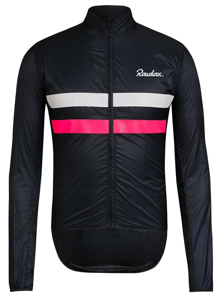 Unisex Windproof Cycling Jacket SF0462 with full zipper, reflective strips, and UV protection in black and pink.