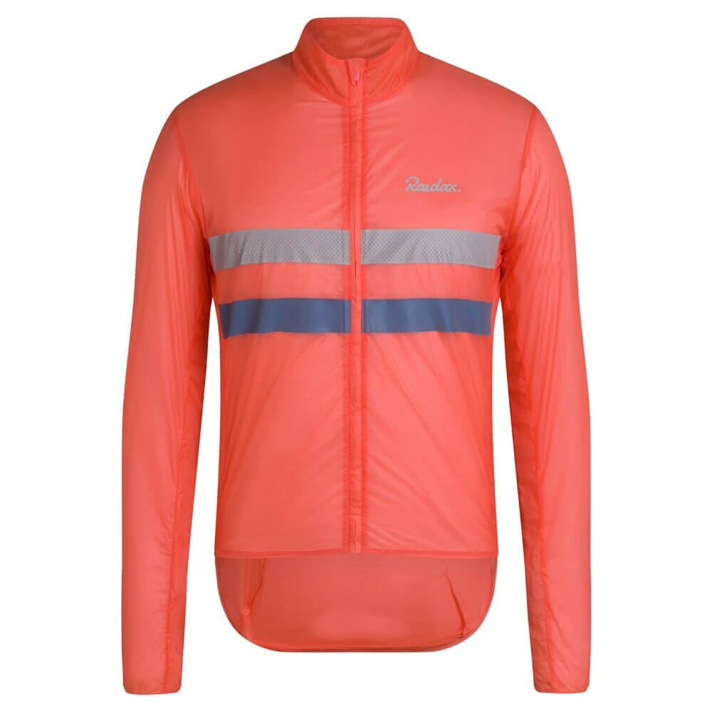 Unisex windproof cycling jacket, light coral color, with full zipper and reflective stripes, perfect for safety and comfort on the road.