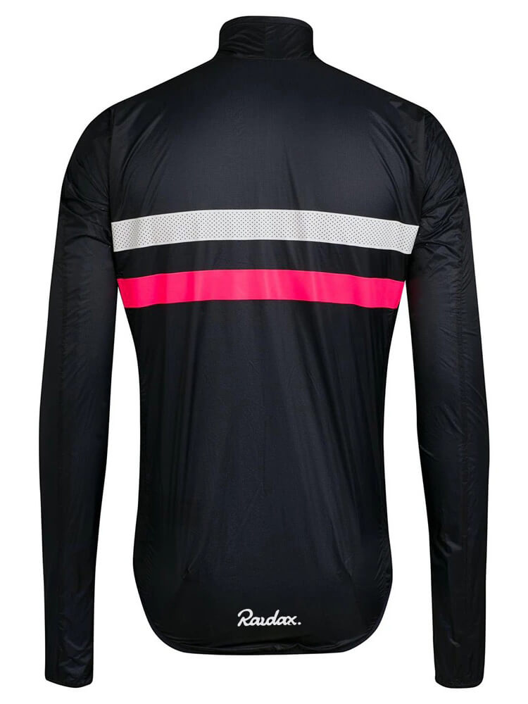 Unisex windproof cycling jacket with reflective stripes, lightweight black design for optimal performance and safety. Model SF0462.