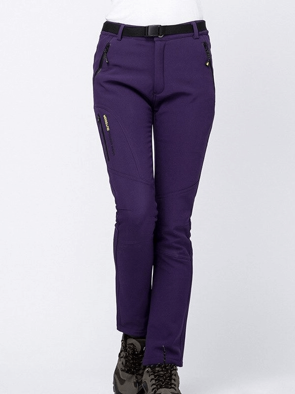 Women's windproof waterproof fleece hiking pants, purple, designed for outdoor adventures, featuring durable scratch-resistant fabric.