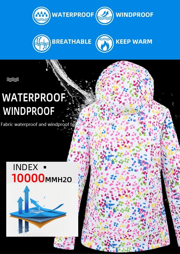 Women's windproof multicolor skiing jacket with waterproof design, breathable fabric, and hooded collar for optimal skiing comfort.