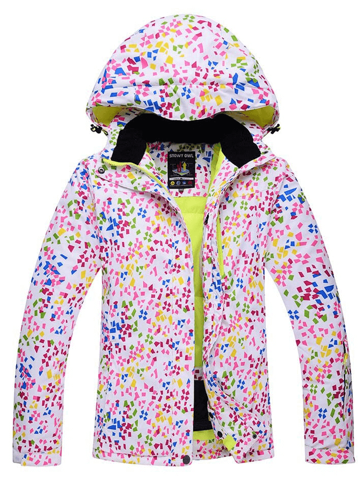 Windproof multicolor skiing jacket for women with hood and zipper, designed for comfort, protection, and style on the slopes.