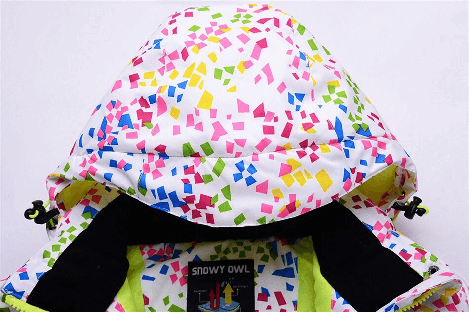 Vibrant multicolor skiing jacket hood with geometric pattern, perfect for windproof and waterproof protection in winter sports.