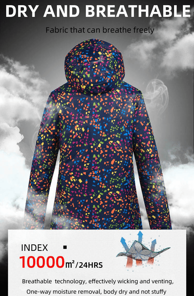 Windproof multicolor skiing jacket for women with breathable fabric and hood, featuring water and wind-resistant technology for comfort.