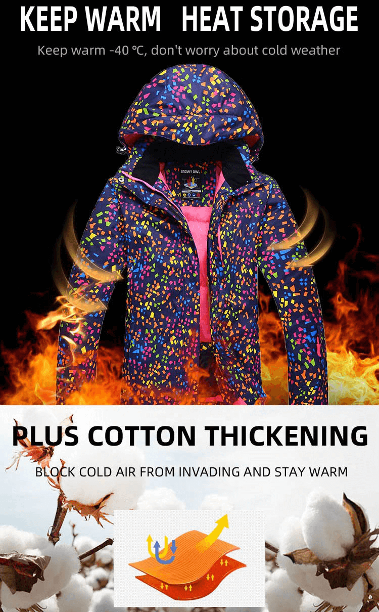 Women's multicolor windproof skiing jacket with hood, highlighted for warmth and cotton thickening for cold weather protection.