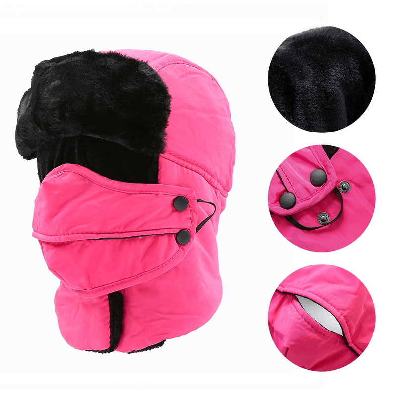 Pink winter windproof mountain ski cap with earflaps and closed neck, unisex SF0953 with fleece lining and adjustable buttons.