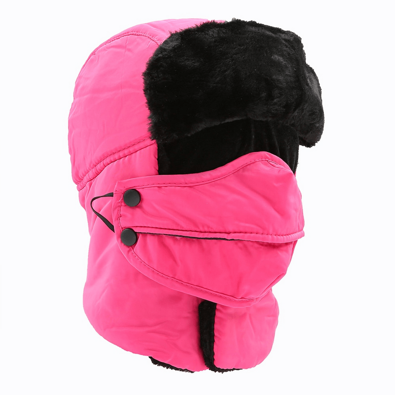 Hot pink winter ski cap with earflaps and closed neck, windproof design for cold conditions, unisex style, black faux fur lining.