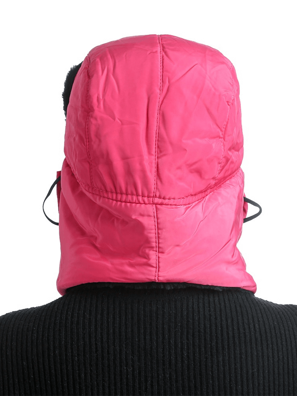Back view of pink winter windproof ski cap with earflaps and closed neck, designed for warmth and comfort on the slopes.