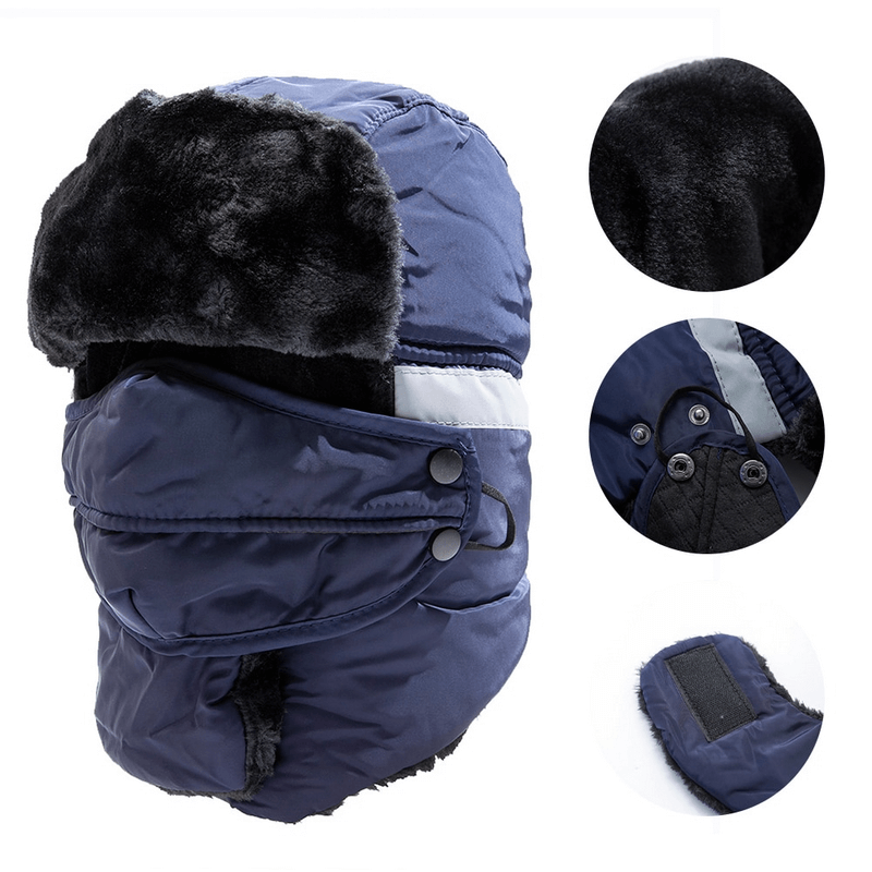 Navy winter windproof ski cap with earflaps and closed neck, featuring cozy fur lining, perfect for mountain adventures.