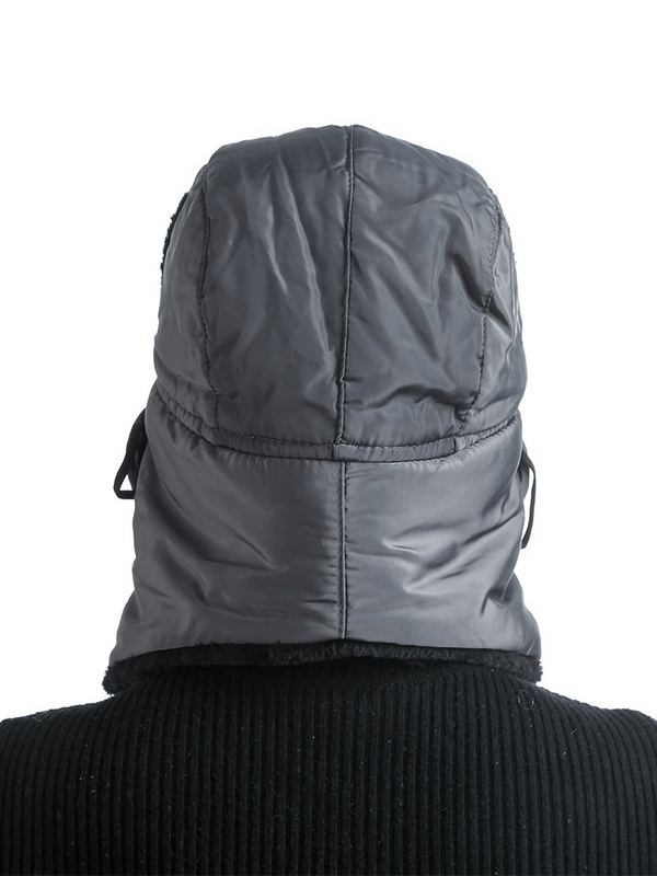 Back view of a gray winter windproof mountain ski cap with earflaps and closed neck, perfect for cold weather.
