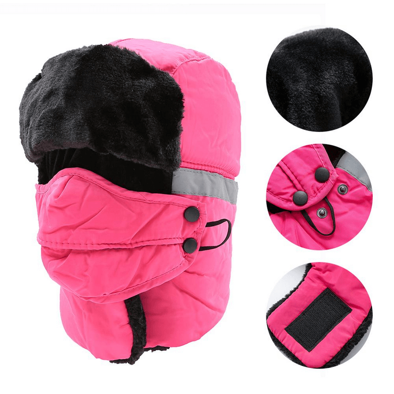 Pink winter windproof ski cap with earflaps and closed neck, featuring black fur lining and adjustable buttons - perfect for cold slopes.