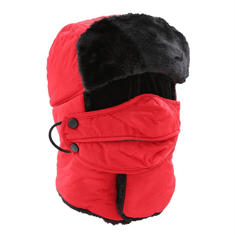 Winter windproof ski cap with earflaps and closed neck in vibrant red. Unisex bomber hat ideal for cold mountain conditions. Model SF0953.