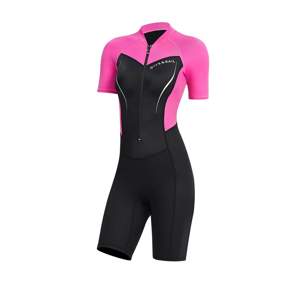 Women's pink and black 1.5mm neoprene wetsuit for surfing and diving, featuring a gender-specific fit and short sleeves.