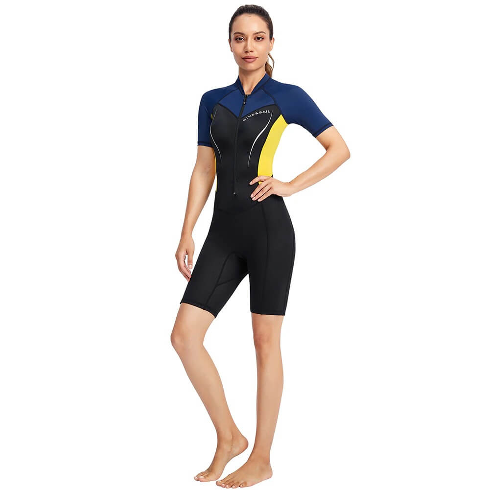 Women's 1.5mm neoprene wetsuit for surfing and diving, black with blue and yellow accents, perfect for water sports.