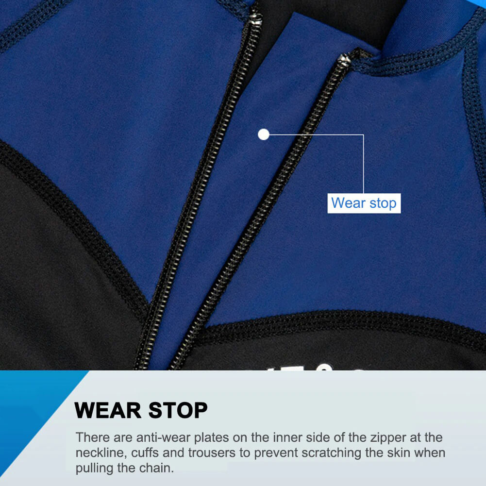 Close-up of women's wetsuit with wear stop zipper feature for added protection and comfort during water activities.