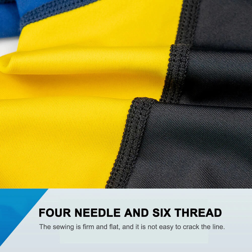 Close-up of black and yellow wetsuit fabric showing durable four-needle six-thread stitching detail.