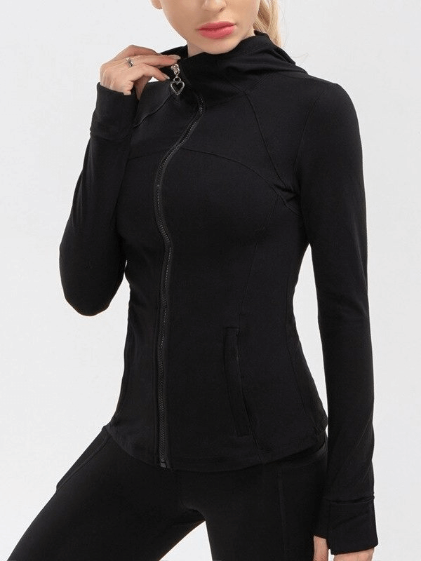Women's black long-sleeves quick-drying sports shirt for yoga, featuring a full zipper and four-way stretch fit.