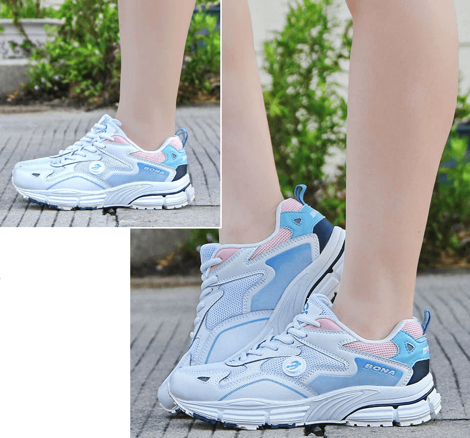 Women's breathable lightweight lace-up running shoes SF0199 in light blue, providing flexibility, stability, and comfort for active wear.